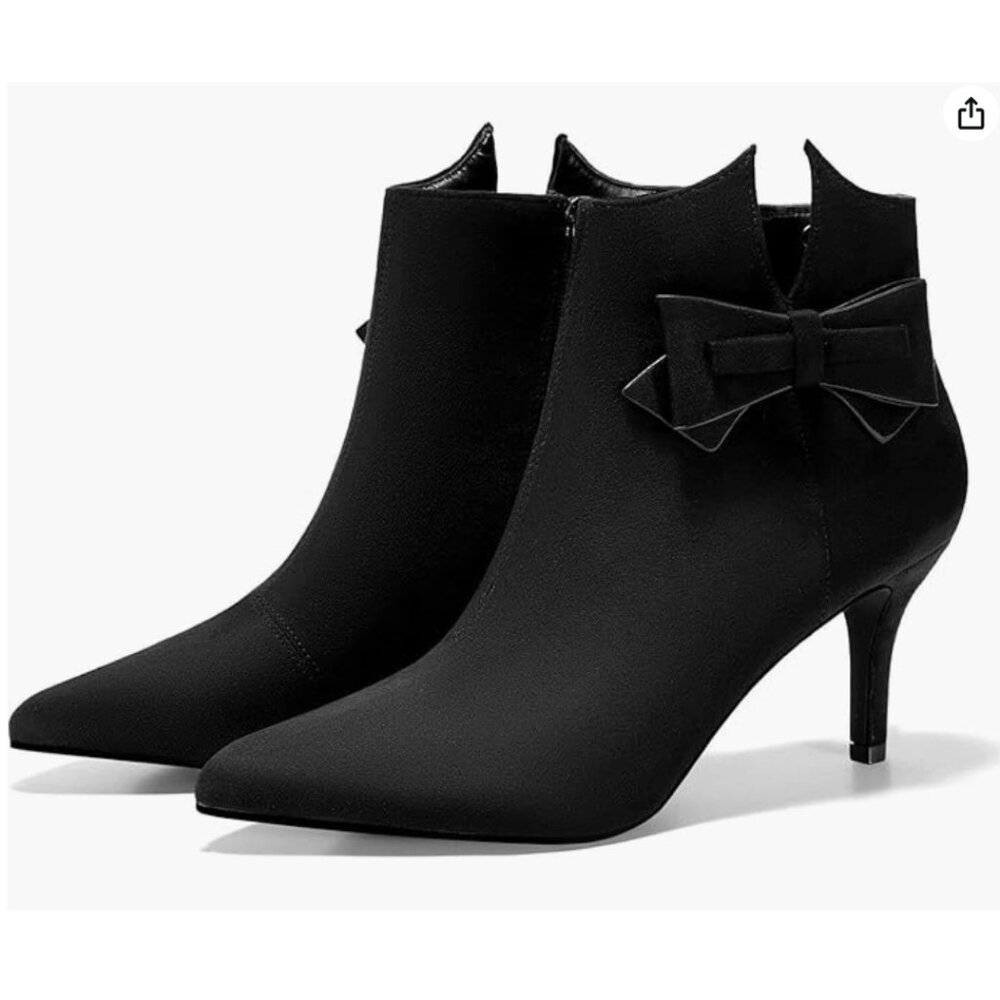 Ermonn Womens Pointed Toe Ankle Boots Stiletto Heels Side Zipper Bow Faux Suede